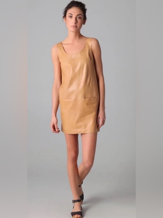 Vince Dresses & Skirts - Vince Tan Leather Scoop Neck Shift Dress Front Pockets Size 12